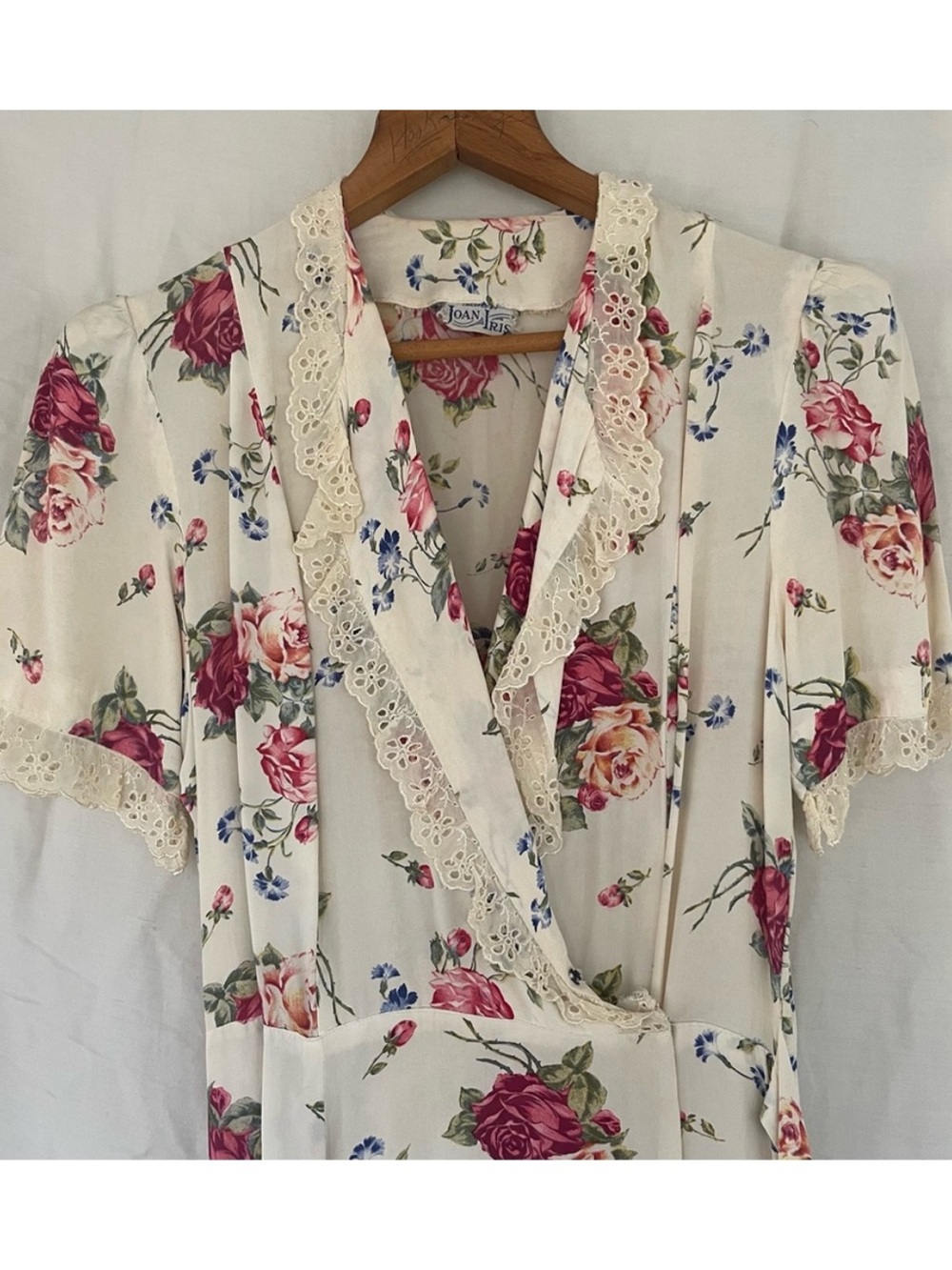 Summer Cream Wrap Midi Dress with Pink Rose Floral Print and Lace Trim
